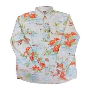 Faherty Shorelite Air Shirt Mens L White Island Fish Vented UPF 50+ Long Sleeve